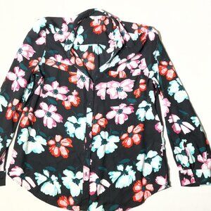 Candies Womens Floral Button-Up Shirt Blouse Black Multicolor XL Long Sleeve Pol